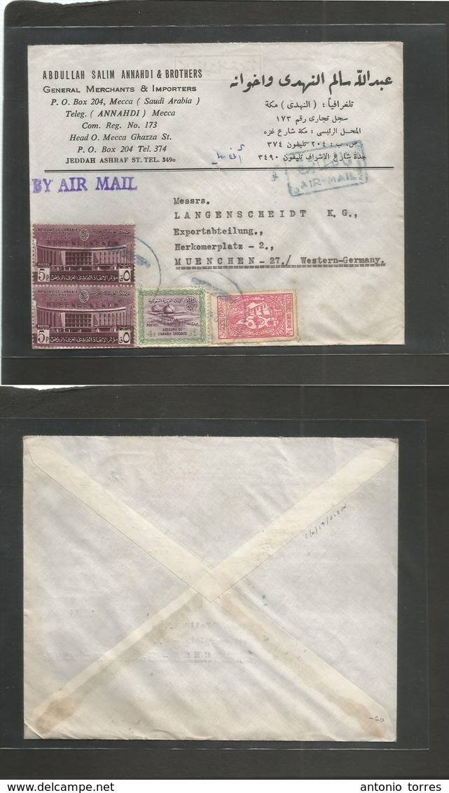 Saudi Arabia. 1962 (10 Feb) Jeddah Asheaf - Germany, Munich. Air Multifkd Mixed Issues + Cacheted Envelope. VF - Arabie Saoudite