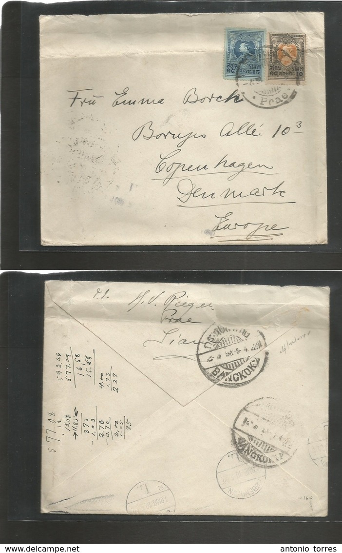 Siam. 1922. Prae - Denmark, Copenhagen, Enrgre. Multifkd Envelope, Bilingual Cachet. Fine. - Siam