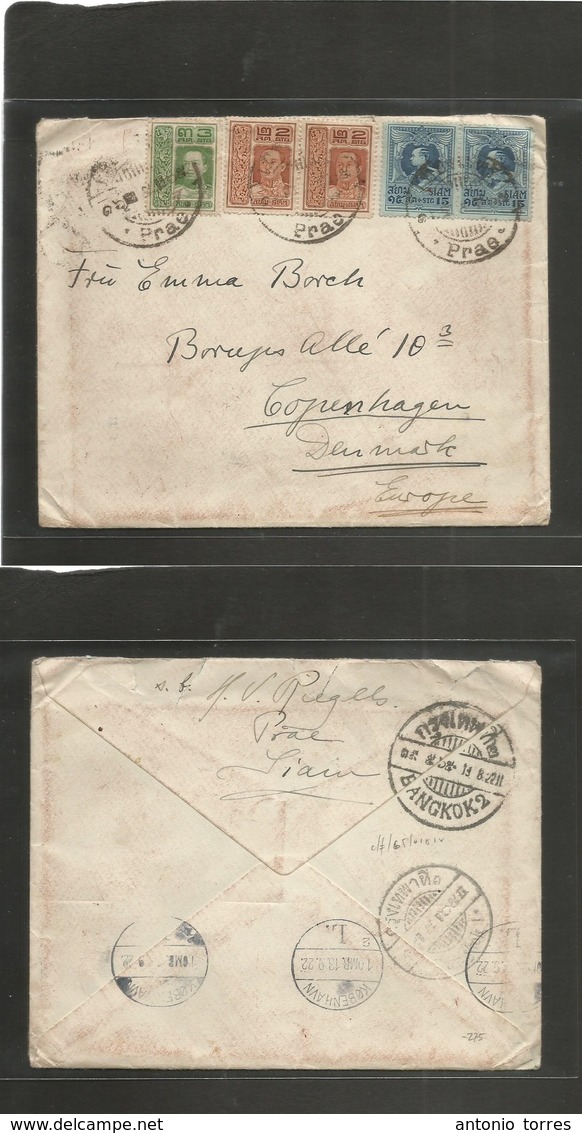 Siam. 1922. Prae - Denmark, Copenhagen, Europe. Multifkd Envelope, Mixed Issues Bilingual Cachet. Fine. - Siam