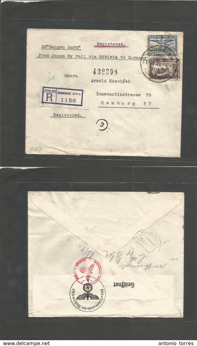 Siam. 1941 (11 March) BKK GPO - Germany, Hamburg (26 Apr) Registered Multifkd Air Envelope Route. BKK - Japan By Sea "SS - Siam