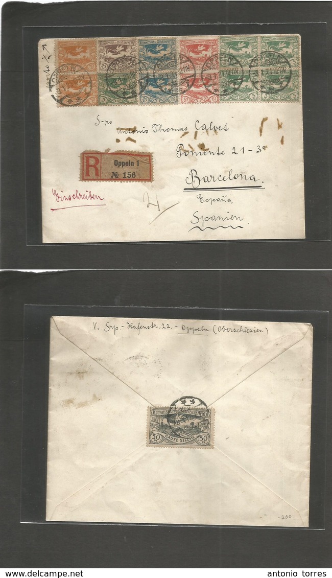 Silesia. 1921 (3 Jan) Oppeln - Spain, Barcelona. Registered Multifkd Front And Reverse Envelope + R-label (German Austri - Silésie