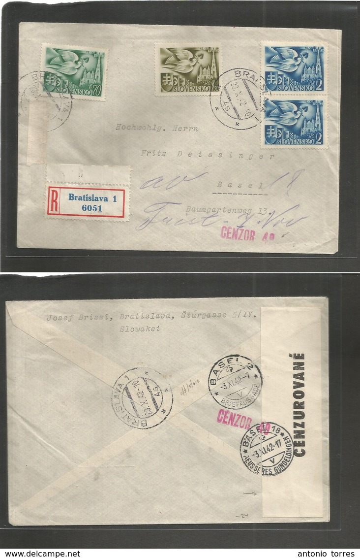 Slovakia. 1940 (28 Oct) Bratislava - Switzerland, Basel (3 Nov) Registered Multifkd Censored Envelope. Fine. - Autres & Non Classés