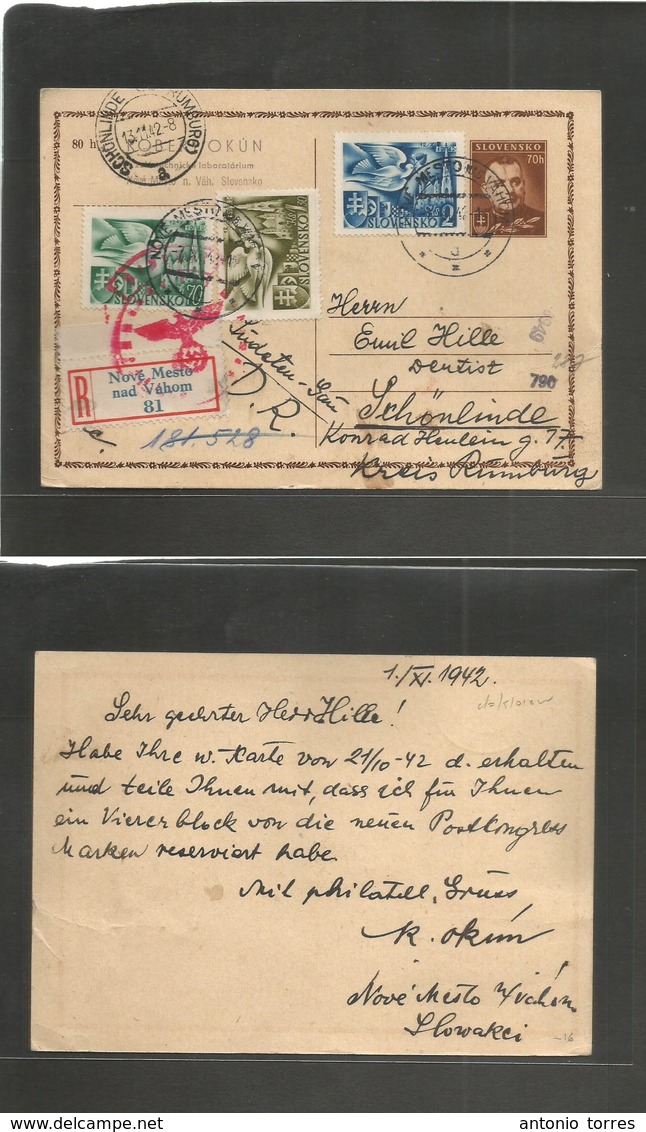 Slovakia. 1942 (1 Nov) Nove Mestonad Vahom - Sudeten, Schonelinde (13 Nov) Registered 7 Oh Brown Stat Card + 3 Adtls Cen - Autres & Non Classés