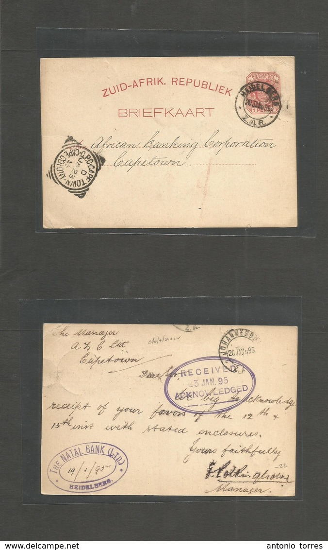 South Africa. 1895 (20 Jan) ZAR. Heidelberg - Capetown (23 Jan) 1d Red Stat Card. Fine Used Via Joburg. - Autres & Non Classés