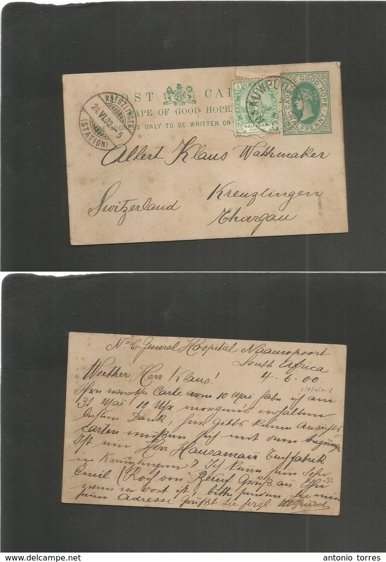 South Africa. 1900 (4 June) CGH. NAAUWPLORT - Switzzerland, Krenzlingen (24 June) 1/2d Green Stat Card + Adtl. Scarce Vi - Autres & Non Classés