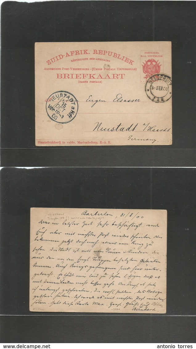 South Africa. 1900 (31 Aug) ZAR. Barberton - Newstadt, Am Haardt, Germany (15 Oct) Via Nelsprint (3 Sept) 1d Red Provisi - Sonstige & Ohne Zuordnung