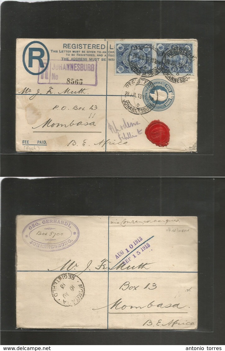 South Africa. 1913 (28 July) Joburg - Mombassa, British East Africa (10 Aug) Registered 4d Blue Stat Env + 2 Adtls, Cds  - Autres & Non Classés