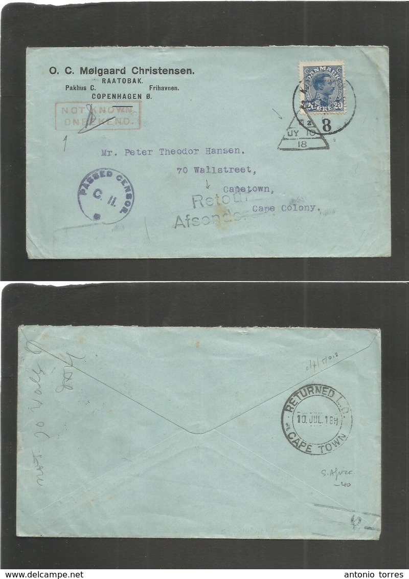 South Africa. 1918 (July 10) Denmark, Cph (22 June) - Capetown. Fkd + Censored Envelope, Where "RETOUR / NOTFOUND /ONEWE - Autres & Non Classés