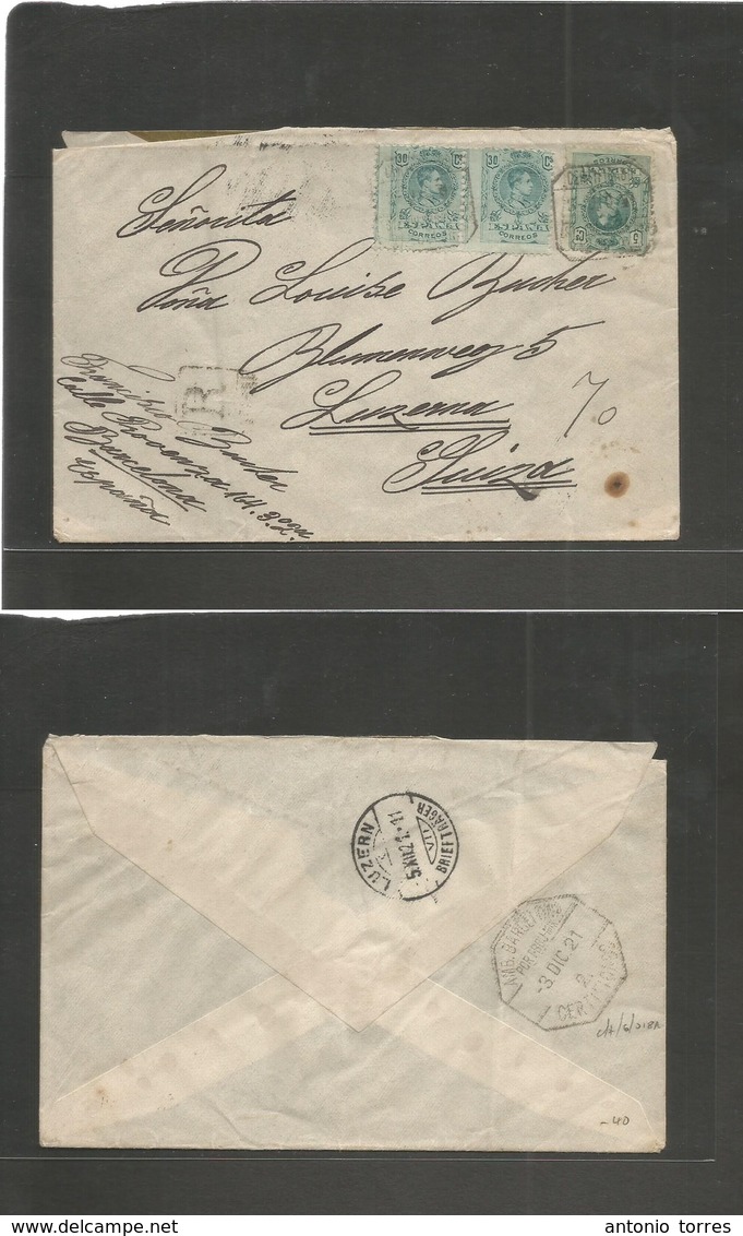 E-Alfonso Xiii. 1921. 275 (2), 278. Barcelona - Suiza, Lucena (5 Dic) Sobre Certificado Tarifa 0,65 Pts. Serie Medallon. - Autres & Non Classés