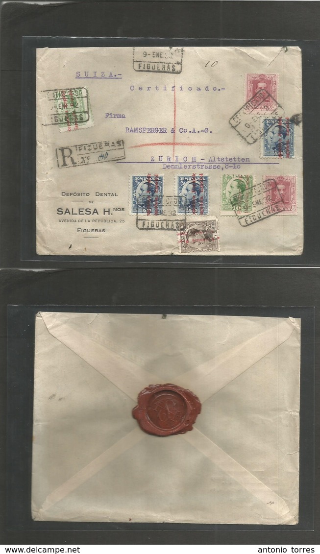 E- Ii Republica. 1932 (9 Enero) Figueras, Gerona - Suiza, Zurich. Bonito Sobre Certificado Franqueo Multiple Emision Vaq - Autres & Non Classés