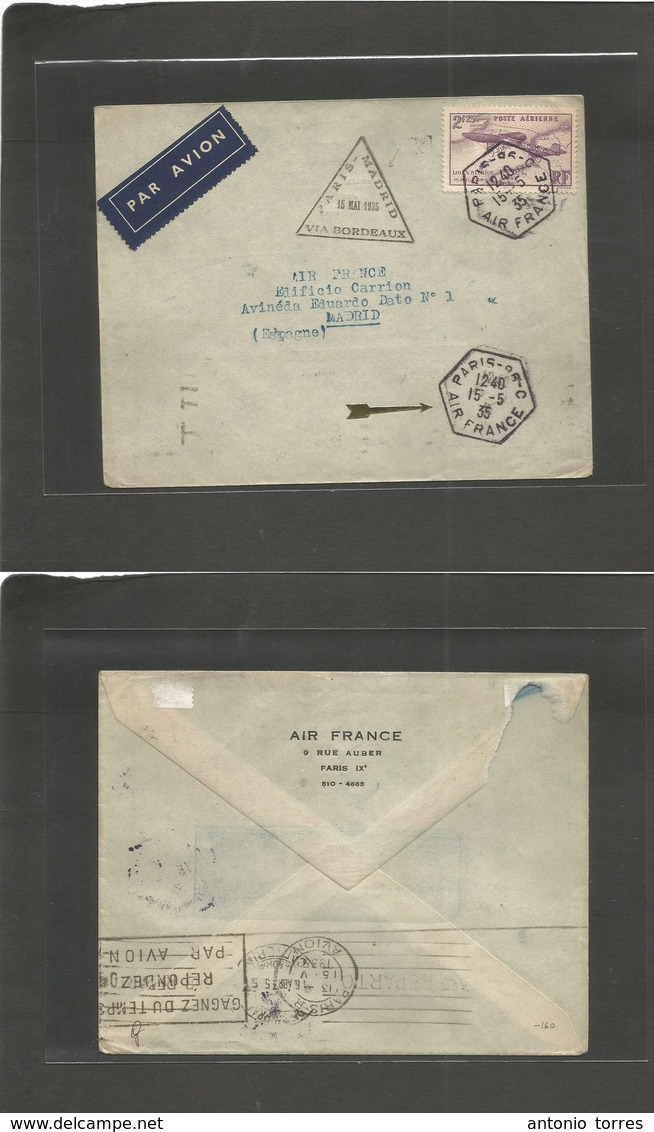 E-Correo Aereo. 1935 (15 Mayo) Paris - Madrid (16 Mayo) Primer Vuelo Via Burdeos + Cachet Especial. Transito + Llegada D - Sonstige & Ohne Zuordnung