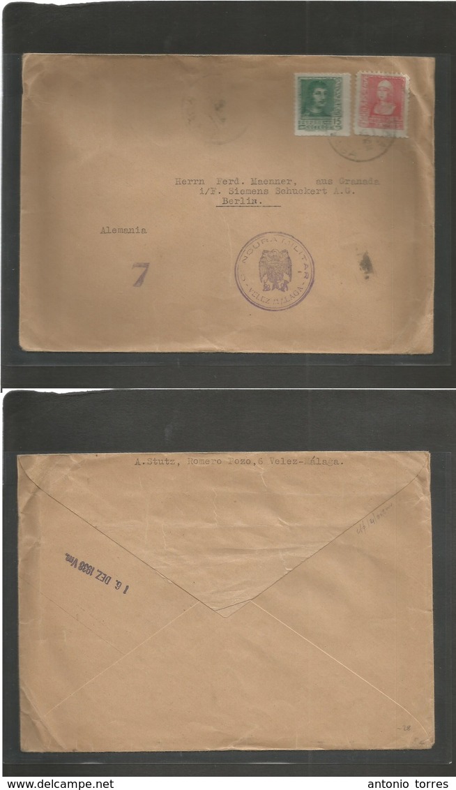 E-Estado Español. 1938 (Dic 16) Velez Málaga - Alemania, Berlin. Sobre Con Franqueo Fernando E Isabel Y Marca Censor De  - Autres & Non Classés