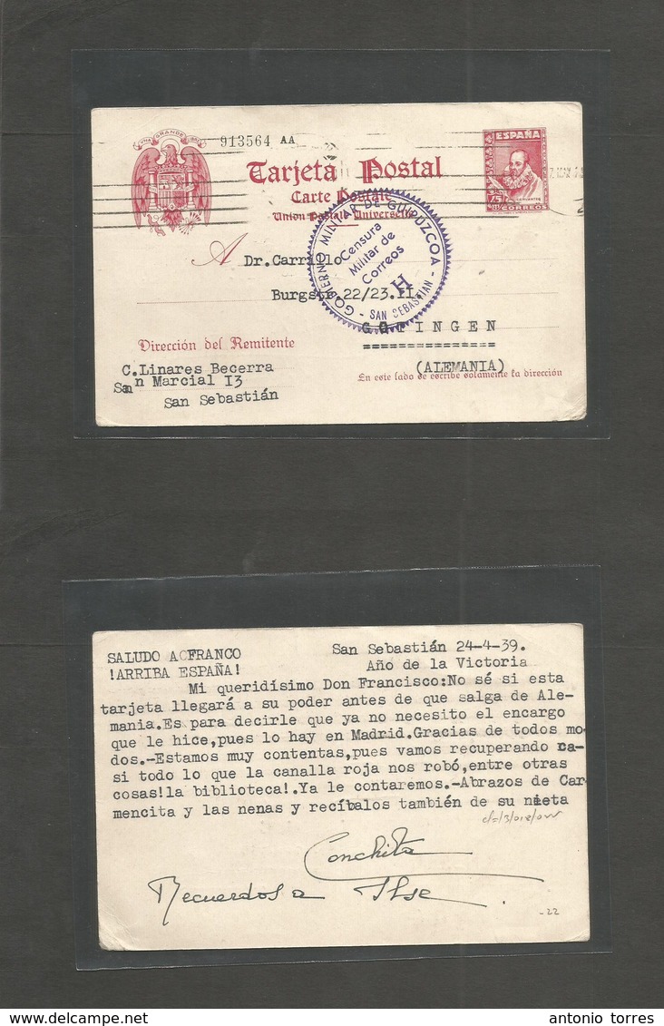 E-Enteros Postales. 1939 (24 April) San Sebastian - Alemania. EP 45c. Cervantes Rosa Con Censura. Escaso Circulado. Boni - Other & Unclassified