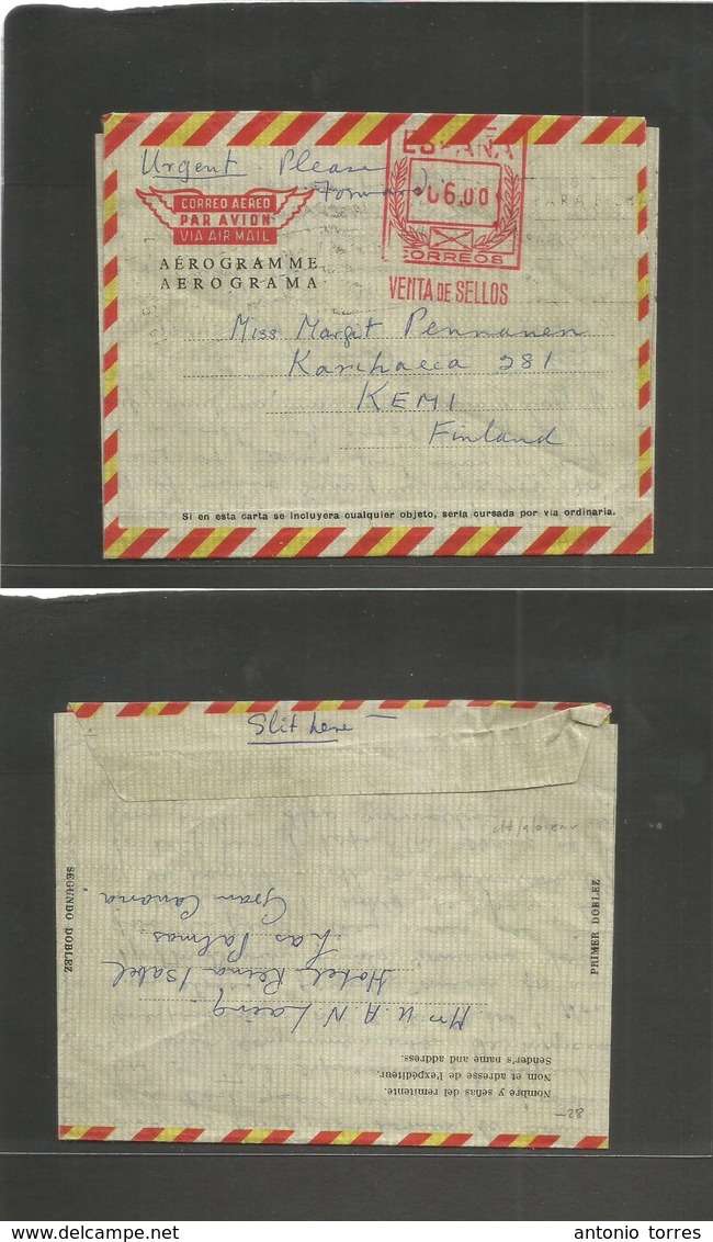 E-Enteros Postales. 1969 (1 April) Las Palmas, Gran Canaria - Finlandia. Aerograma Valor 6 Pts Via Urgente Con Marca Gom - Autres & Non Classés