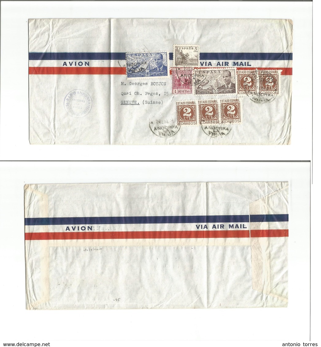 Andorra. 1948 (14 Enero) GPO - Suiza, Geneva. Air Multifkd Envelope, Mixed Usage Of Spain + Andorra Stamp. Uso Mixto Emi - Autres & Non Classés