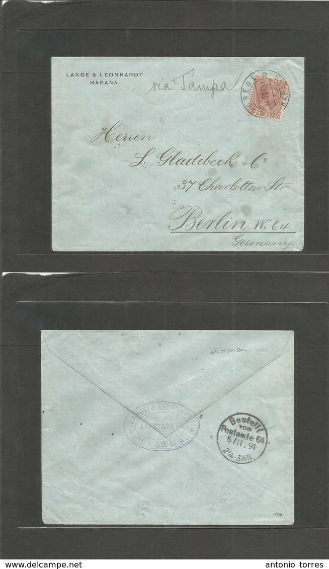 Cuba. 1891 (24 Oct) Habana - Alemania, Berlin (6 Nov) Precioso Sobre Franqueado 10c Carmin. Via Tampa. - Andere & Zonder Classificatie