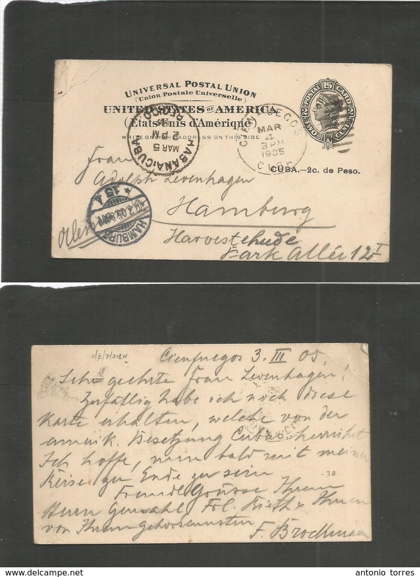 Cuba. 1905 (4 Marzo) Cienfuegos - Alemania, Hamburgo (20 Marzo) Entero Postal USA Sobrec. Cuba 2c Con Matasellos Y Tráns - Autres & Non Classés