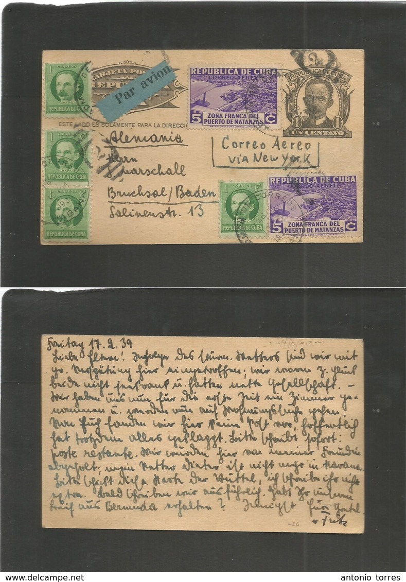 Cuba. 1939 (17 Febr) Habana - Alemania, Bruchsal. Entero Postal 1c + 6 Sellos Franqueo Adicional. Tarifa 15 Cts Especial - Autres & Non Classés