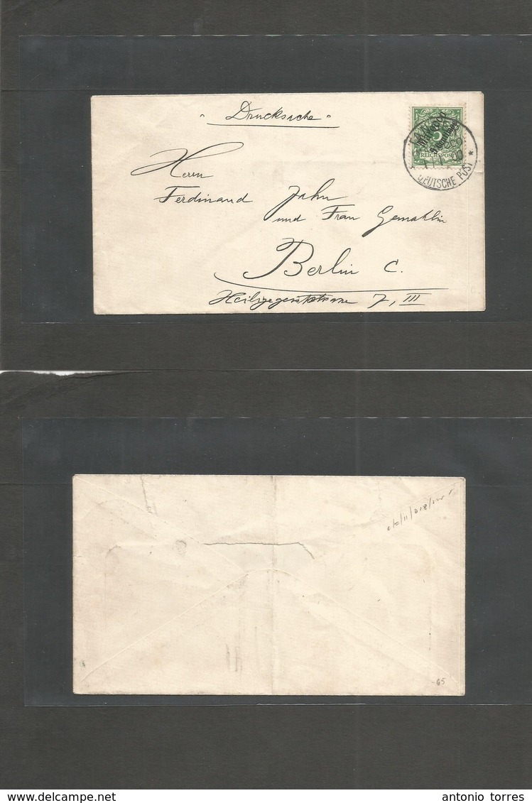Marruecos - German. 1900 (1 Jan) Tanger - Germany, Berlin. PM Rate Unsealed Envelope Fkd Single 5 Pf Green Ovptd Issue.  - Maroc (1956-...)