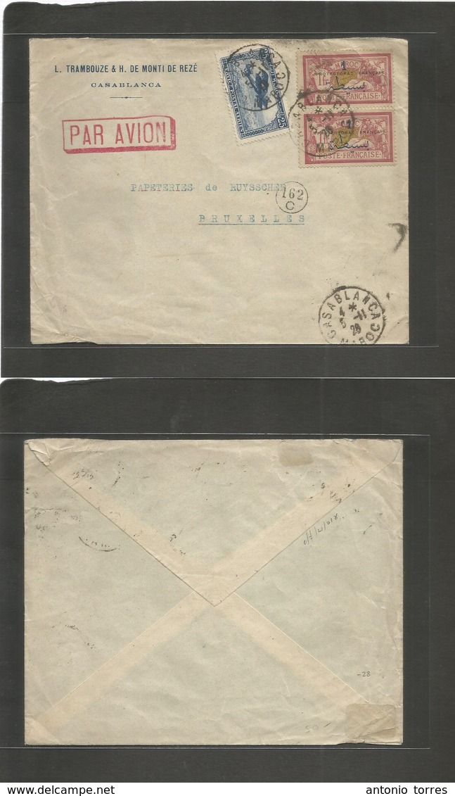 Marruecos - French. 1926 (5 Nov) Casablanca - Belgium, Bruxelles. Air Multifkd + Ovptd Issue. Fine Envelope. - Maroc (1956-...)