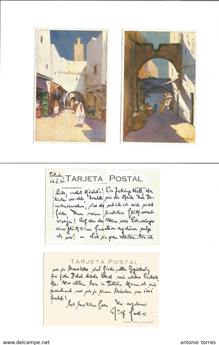 Marruecos. 1930 (14 Mayo) 2 Tarjetas Postales Con Explicaciones Visitas De Tetuan De Pintura De Mariano Bertuchi, El Dis - Morocco (1956-...)