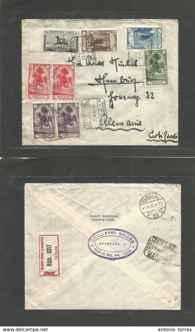 Marruecos. 1930 (27 Mayo) Tetuan - Alemania, Hamburgo (1 Junio) Preciosa Carta Certificada Franqueo Multiple Con Etiquet - Maroc (1956-...)