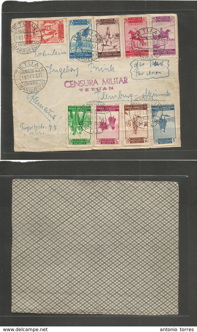 Marruecos. 1937 (18 Sept) Tetuan - Alemania, Flensburg. Frente De Carta Con Censura Y Franqueo Multiple. Via Aerea. Boni - Marokko (1956-...)