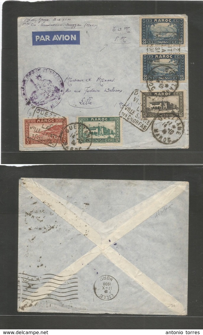 Marruecos - French. 1938 (14 Oct) Quezzane - France, Lille. Military Attach. FM Air Fkd Envelope For Air Rate Extra Char - Maroc (1956-...)