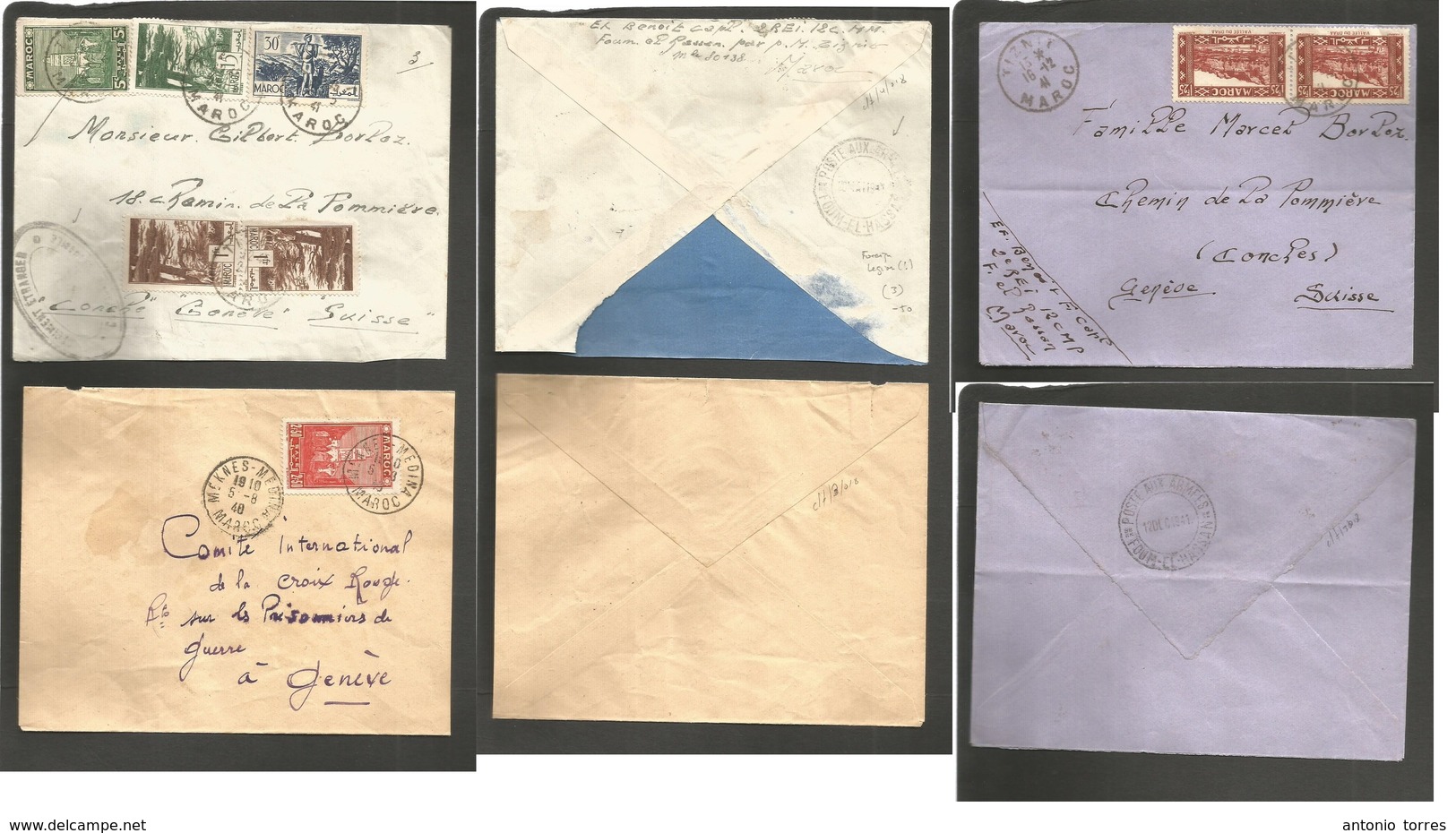 Marruecos - French. 1940-41. Meknes, Tiznit. 3 Multifkd Envelopes Usages To Switzerland. One Incl Red Cross POW Internee - Maroc (1956-...)