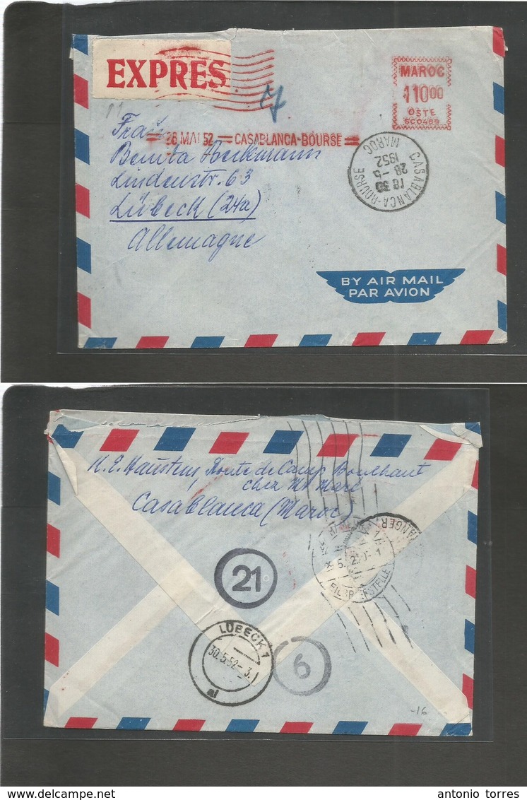 Marruecos - French. 1952 (28 May) Casablanca - Germany (30 May) Expreso Mail Machine Fkd Air Envelope. Postal Usage + Ti - Maroc (1956-...)