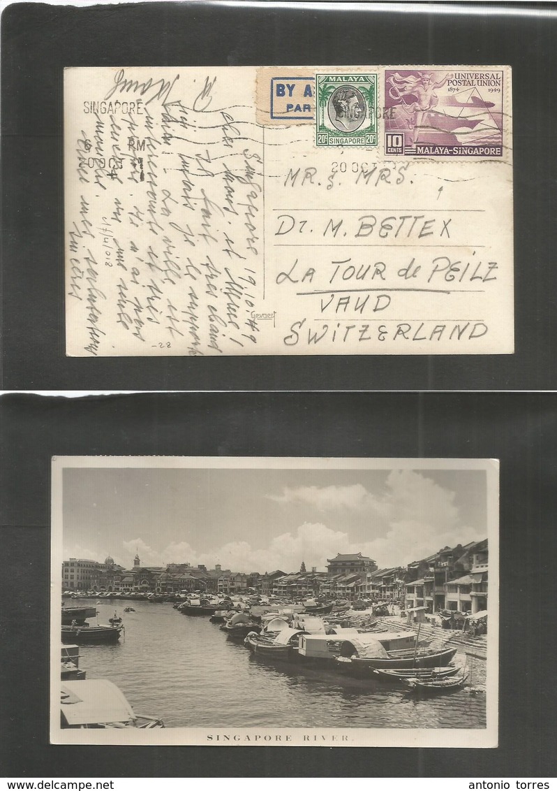 Straits Settlements Singapore. 1949 (19 Oct) Singapore - Switzerland, Latour De Peilz. UPU. Air Fkd Photo View Ppc. Sing - Singapore (1959-...)