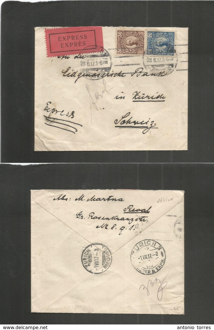 Sweden. 1917 (28 June) WW1. Reval, Latvia, Via Stockholm - Switzerland, Zurich (1 July) On Express Mail Special Service  - Autres & Non Classés