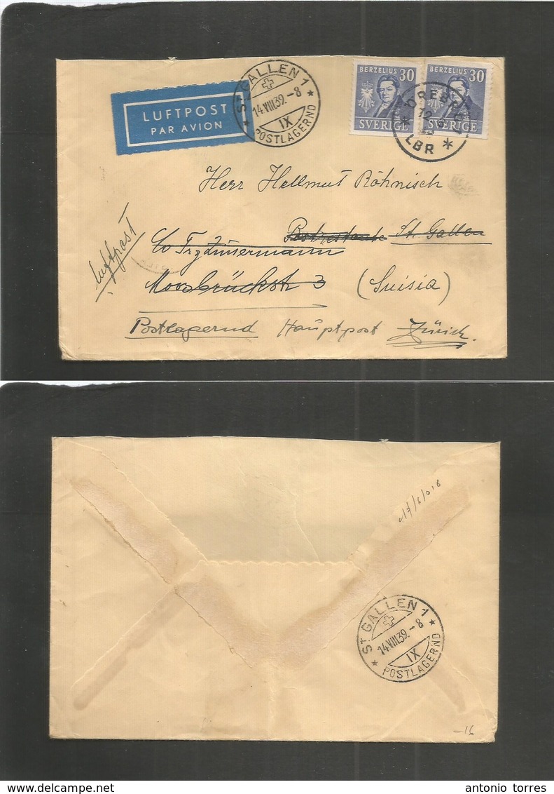 SWEDEN. 1939 (12 Aug) Orebro - Switzerland, St. Gallen (14 Aug) Air Fkd + Fwded Env. Very Nice Usage. - Autres & Non Classés