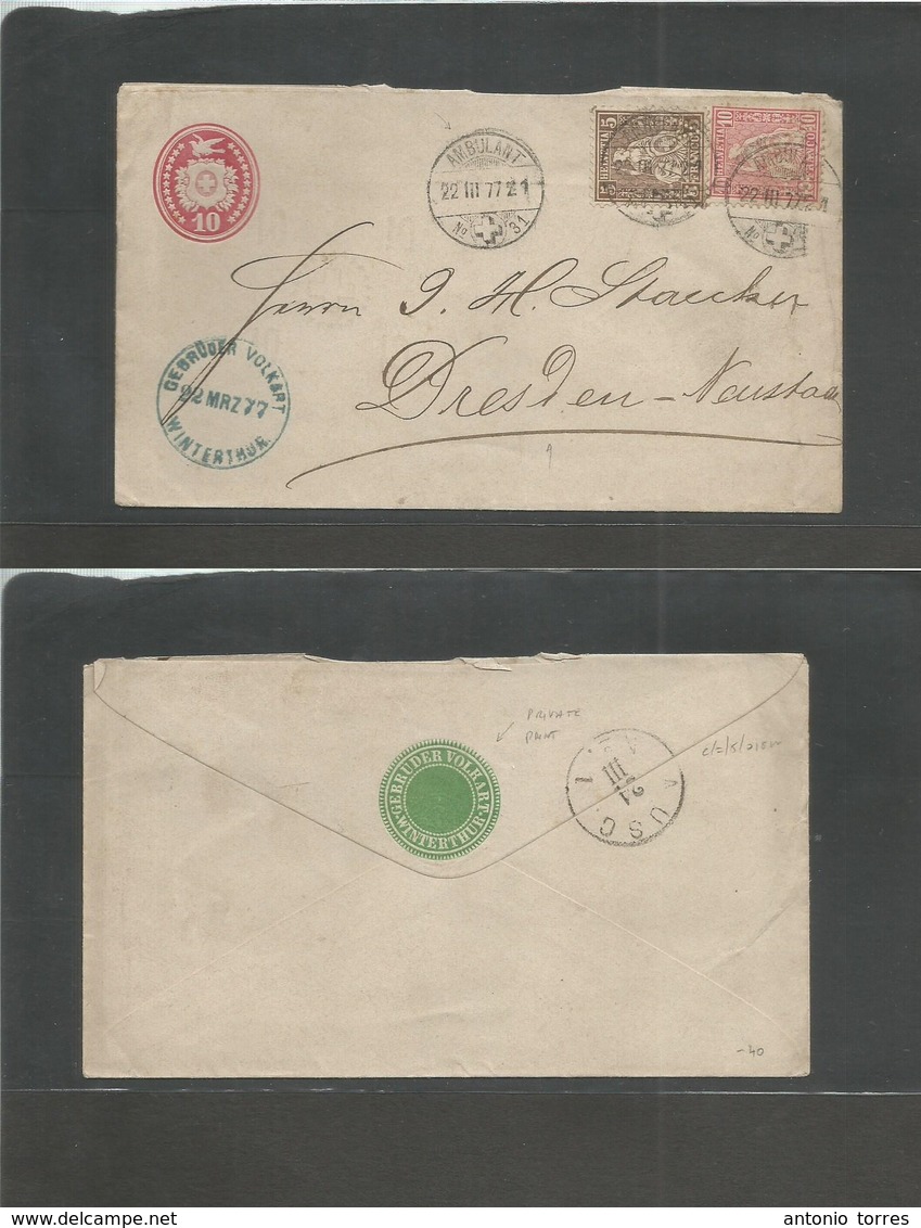 Switzerland - Stationery. 1877 (22 March) TPO. Winterthur - Germany, Dresden (24 March) 10c Red Stat Env + 2 Adtls. Fine - Autres & Non Classés