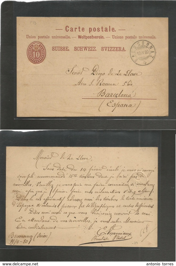 Switzerland - Stationery. 1880 (19 April) Bressonnaz - Spain, Barcelona. 10c Red Stat Card. Fine Usage, Better Destinati - Autres & Non Classés