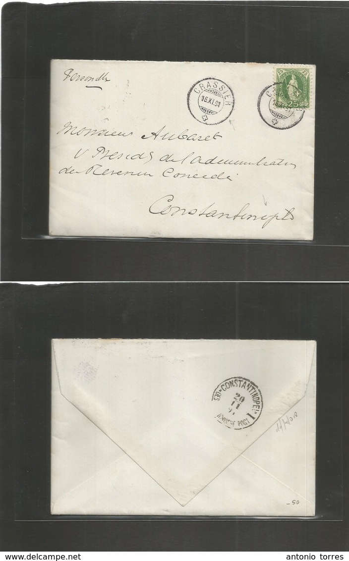 Switzerland. 1891 (16 Nov) Crassier - Constantinople, Austrian Levant (20 Nov) Single Fkd 25c Green Envelope, Cds + Cont - Autres & Non Classés