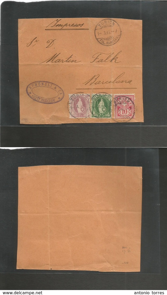 Switzerland. 1896 (1 Feb) Zurich / Ramistrasse - Spain, Barcelona. PM Wrapper Front, Tricolor Mixed Issues Fkd Incl 1 Fr - Autres & Non Classés