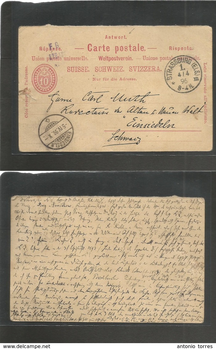 Switzerland - Stationery. 1896 (4 April) REPLY Half Stationary Card Proper Used Back. Strassburg / Elsace - Einsiedeln ( - Autres & Non Classés