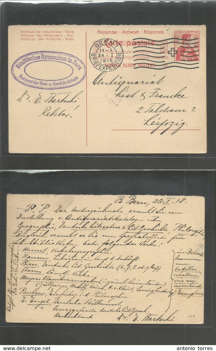 Switzerland - Stationery. 1918 (24 Jan) Bern - Germany, Leipzig. Reply Half 20c Red Stat Card, Slogan Rolling Cachet. Fi - Andere & Zonder Classificatie