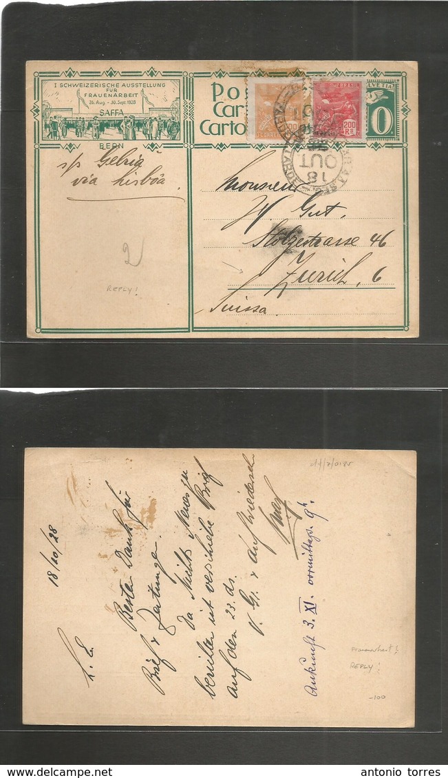 Switzerland - Stationery. 1928 (18 Oct) REPLY Half Stationary Card. 10c Green Proper Usage Back. Brazil - Zurich 1st Swi - Autres & Non Classés