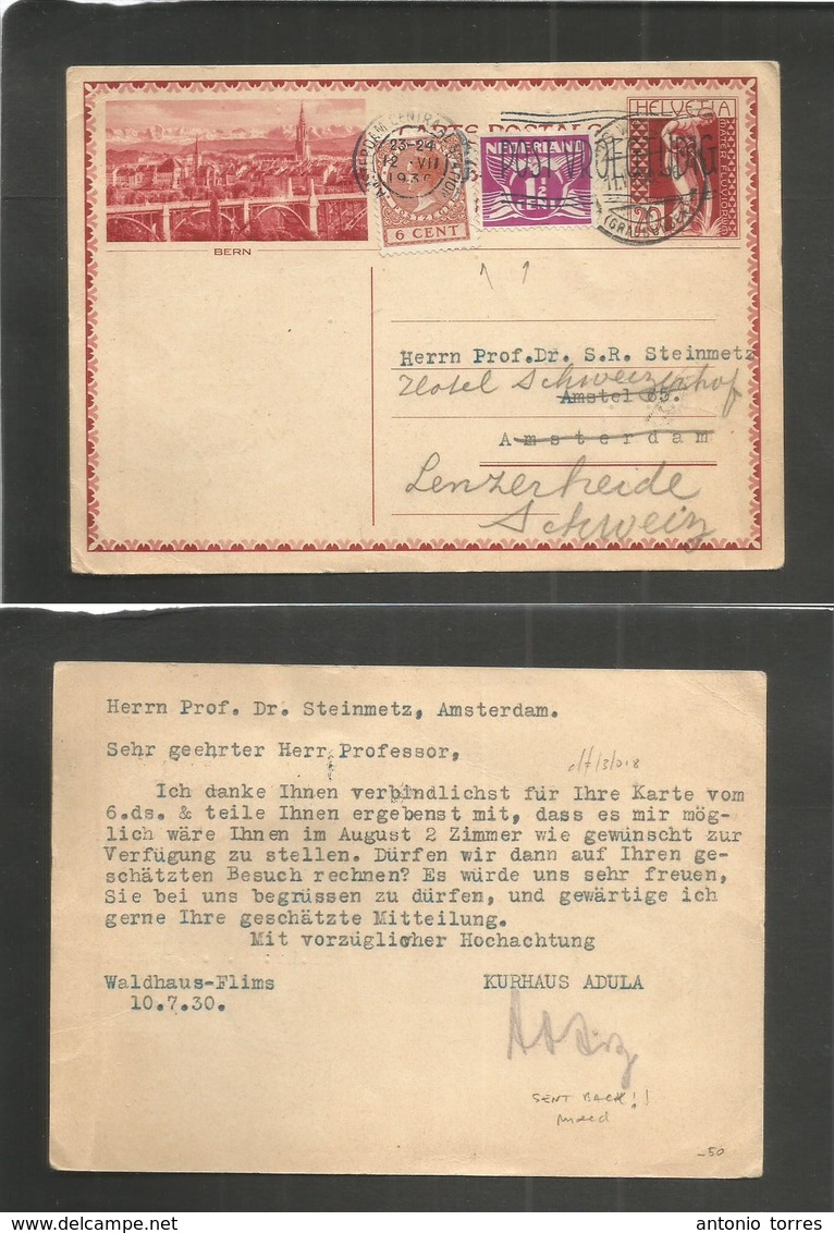 Switzerland - Stationery. 1930 (10 July) Waldhaus - Netherlands, Amsterdam (12 July) And Returned With New Dutch Frankin - Autres & Non Classés