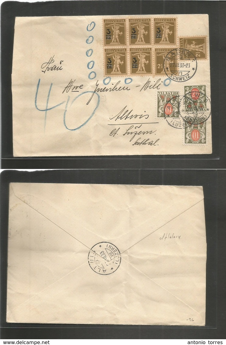 Switzerland - Xx. 1933 (27 July) Baden - Altwis. Internal Multifkd Env, Invalid Postage + Taxed + Arrival (x3) Postage D - Autres & Non Classés