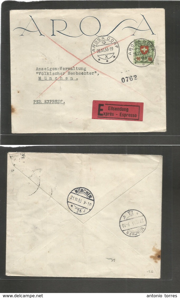 Switzerland. 1933 (20 Nov) Arosa Dorf - Munich, Germany (21 Nov) Single 90c. Express Mail Fkd Envelope. Fine. - Autres & Non Classés