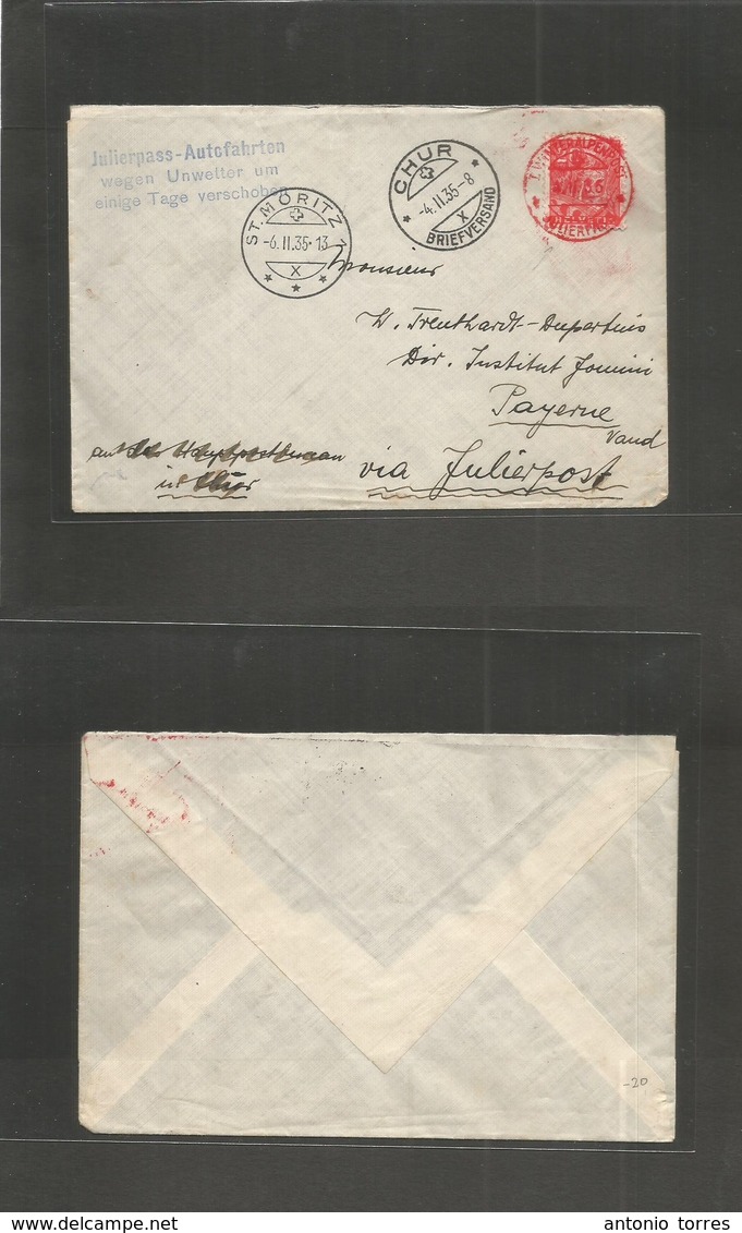 Switzerland - Xx. 1935 (4 Febr) Julierpass. Winter Alpen Post - Payerne, Vaud. Single 20c Fkd Envelope, Red Cancel Cds.  - Autres & Non Classés