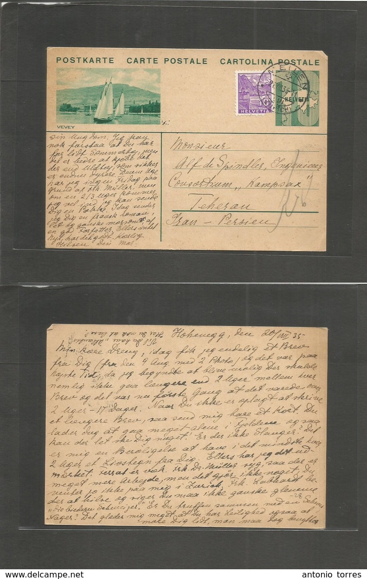Switzerland - Stationery. 1935 (21 Aug) Meilen - Persia, Teheran. 10c Green Vevey Illustrated Stat Card + 10c Adtl Cds.  - Autres & Non Classés