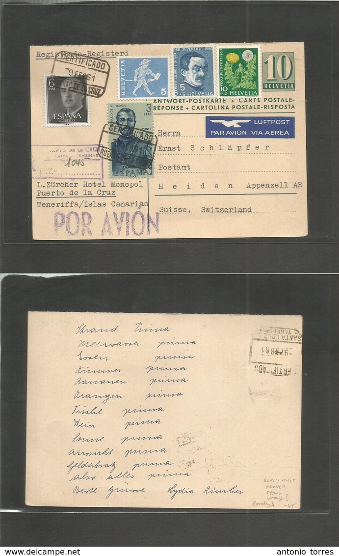 Switzerland - Stationery. 1961 (9 Feb) REPLY HALF Stat Card. Spain, Canary Islands, Tenerife - Herden, Appenzel. 10c Blu - Autres & Non Classés