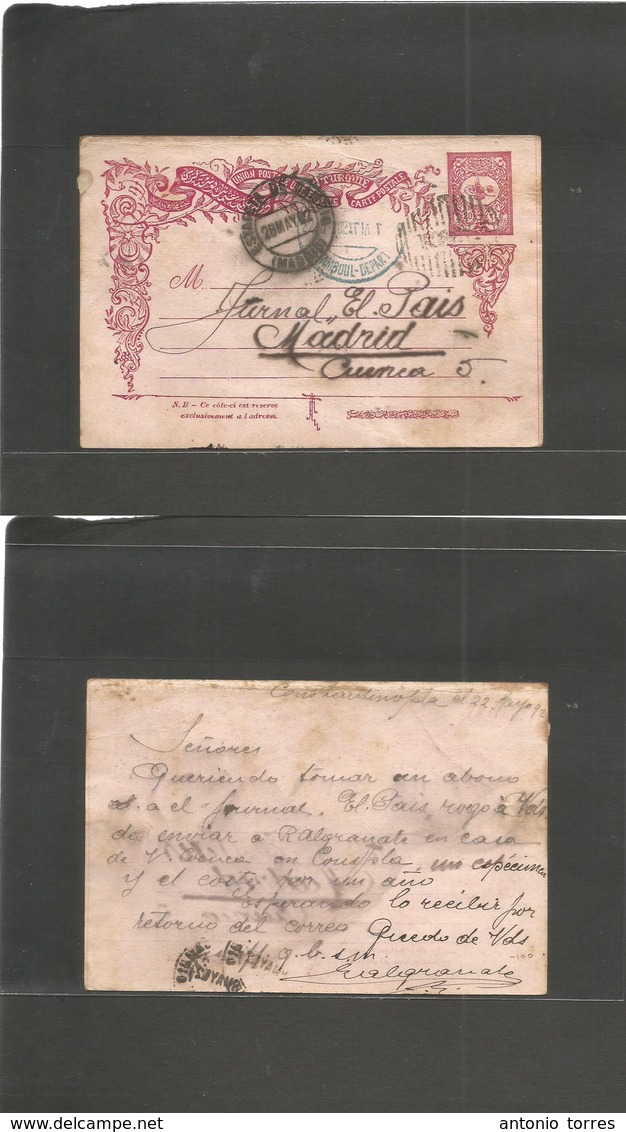 Turkey. 1892 (22 May) Constantinople - Spain, Madrid (28 May) Via Instambul. 20 Red Stationary Card. Better Scarce Desti - Autres & Non Classés