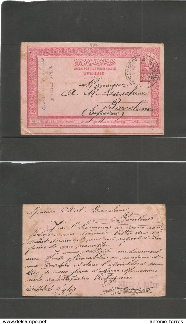 Turkey. 1909 (9 Sept) Andrinople, Rustem Pacha - Spain, Barcelona. 20 Para Red / Rose Stat Card Bilingual Cachet. Scarce - Autres & Non Classés