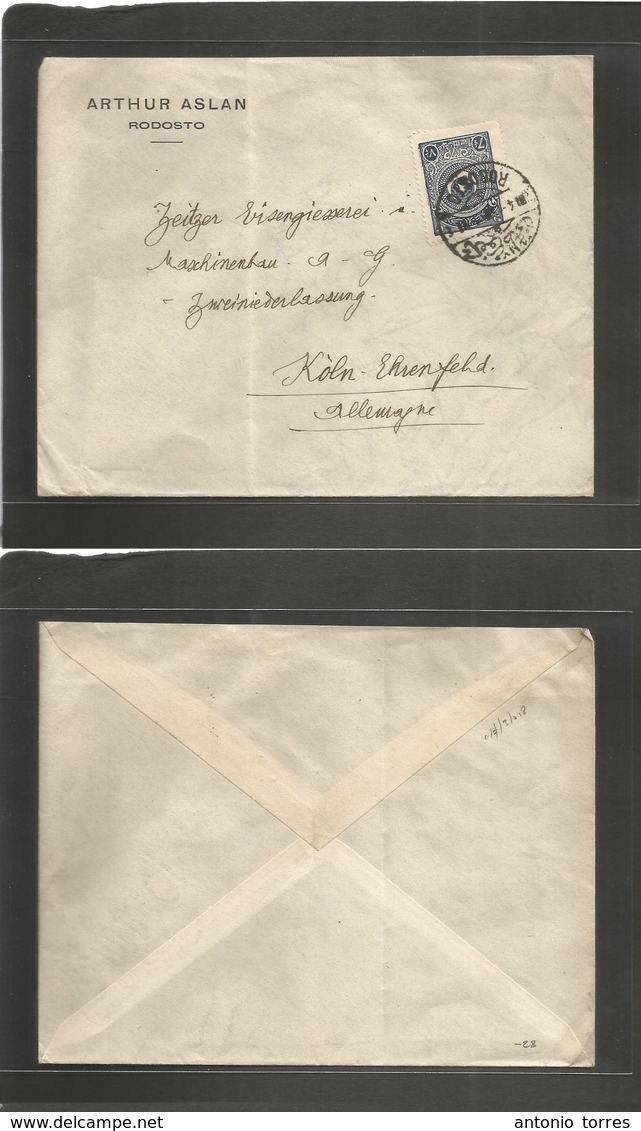 Turkey. 1913 (April) Postal Office In Greece. Rodosto - Germany, Koln. Fkd Env. VF Bilingual Cachet, Easy To Read. - Autres & Non Classés