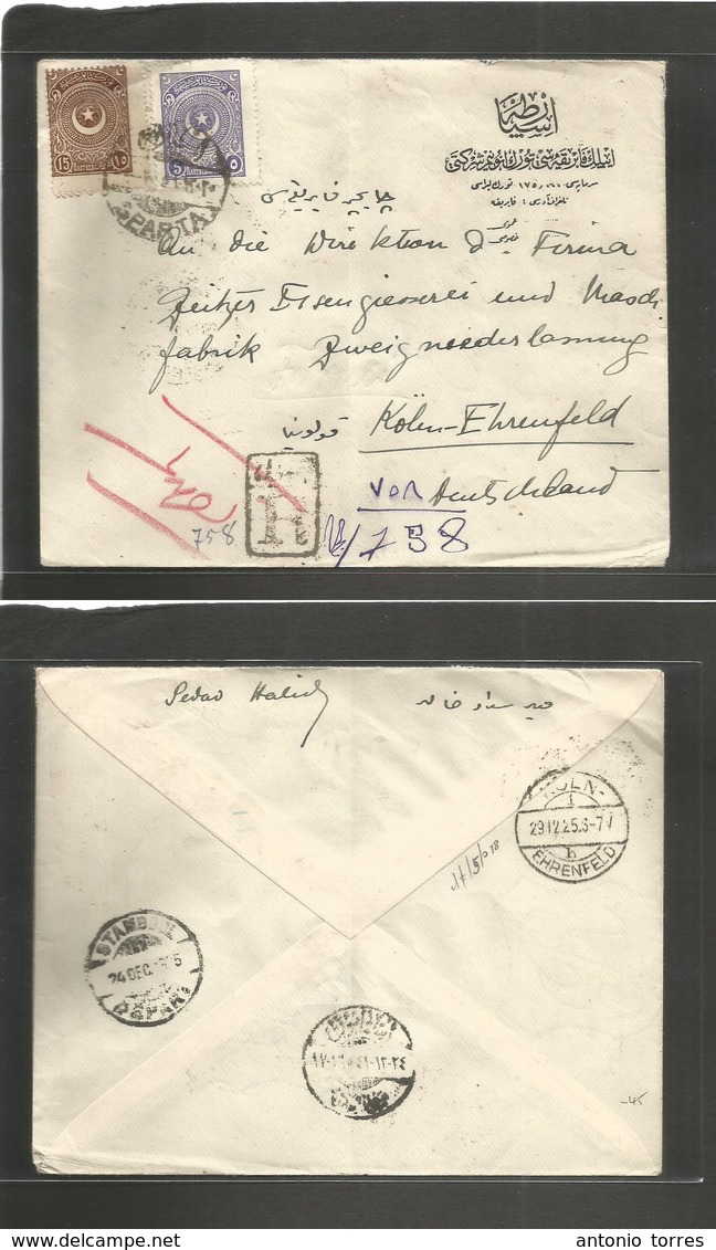 Turkey. 1925 (Dec) Sparta (City Of Roses) - Germany, Koln (29 Dec) Via Istambul (24 Dec) Registered Multifkd Env. VF Bil - Other & Unclassified